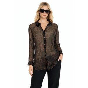 Transit Italy Brown Silk‎ Dainty See Through Floral Blouse 2 S